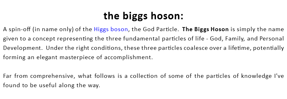 the biggs hoson:
A spin-off (in name only) of the Higgs boson, the God Particle. The Biggs Hoson is simply the name given to a concept representing the three fundamental particles of life - God, Family, and Personal Development. Under the right conditions, these three particles coalesce over a lifetime, potentially forming an elegant masterpiece of accomplishment. Far from comprehensive, what follows is a collection of some of the particles of knowledge I've found to be useful along the way.